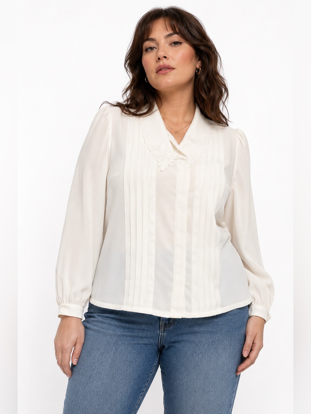80s Vintage Pleated Floral Embroidered Blouse (White) Size 12